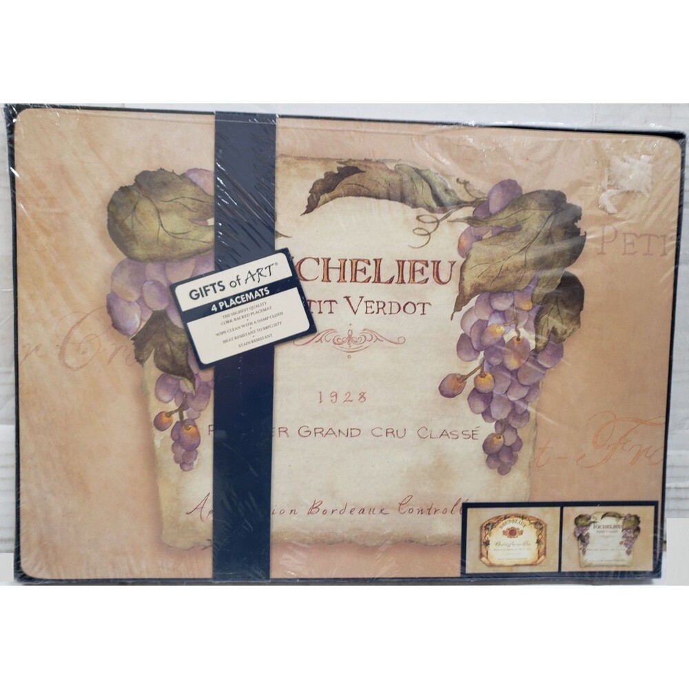 Set of 4 Different Placemats w/cork Back(12x16")GRAPES & VINTAGEWINE LABELS,THF